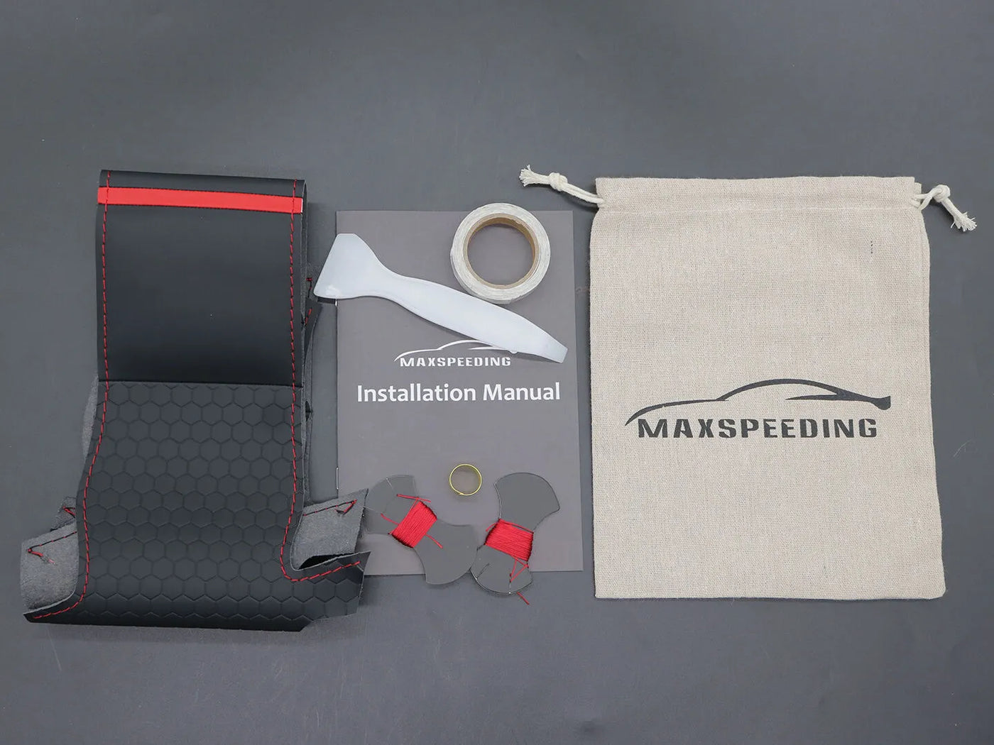 Maxspeeding custom steering wheel cover kit with installation tools and instructions