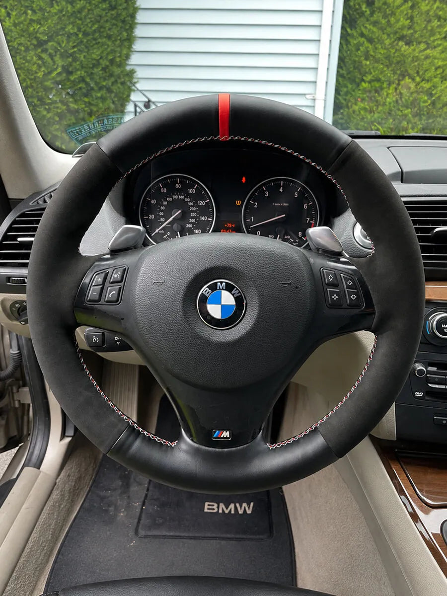 BMW custom steering wheel cover combining Black Suede and black leather grip sections