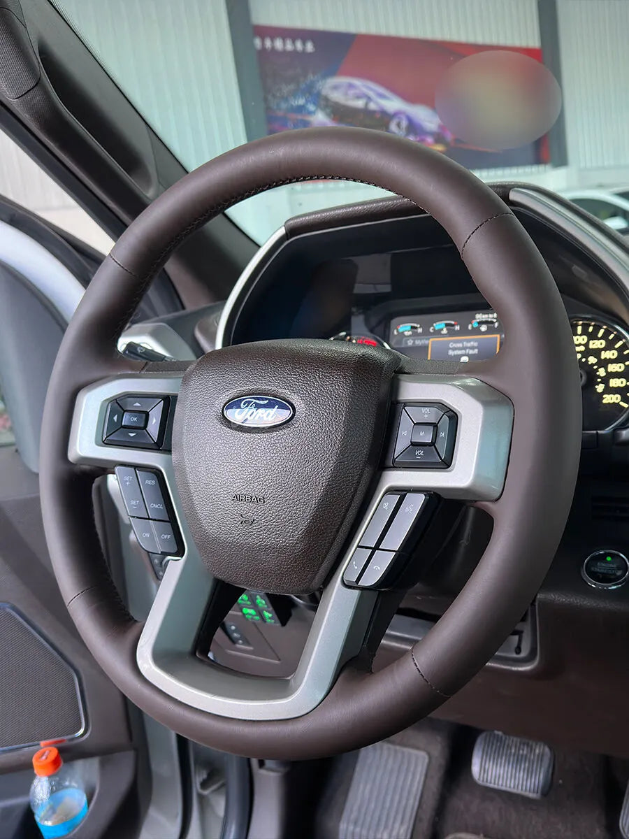 Ford custom steering wheel cover in smooth dark brown Nappa genuine leather with tonal stitching