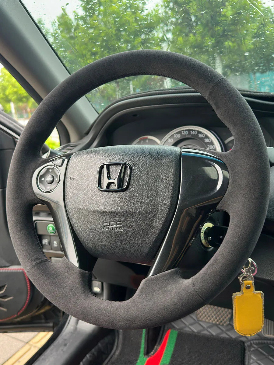 Custom Honda steering wheel cover in black Italian Alcantara