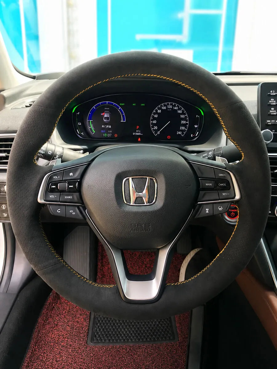Custom Honda steering wheel cover in black Italian Alcantara with yellow stitching