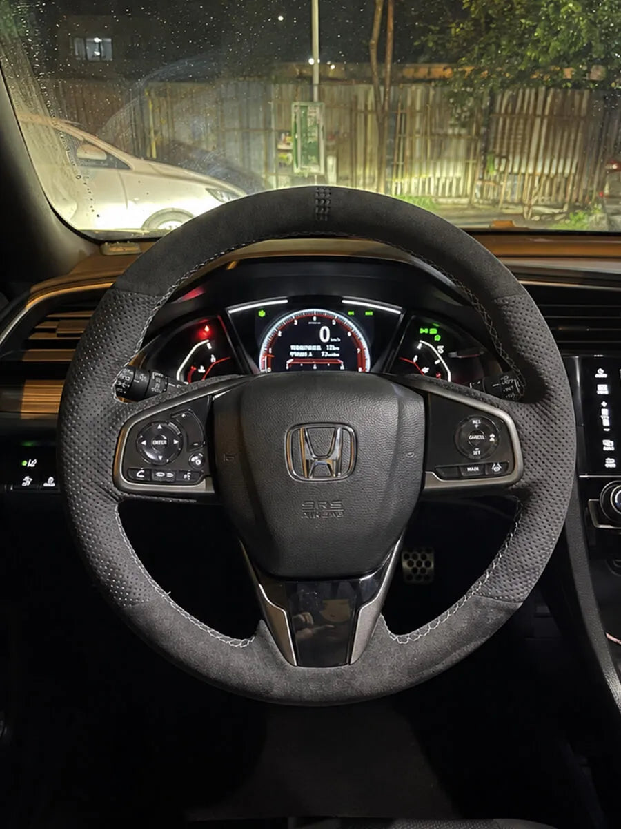 Custom Honda steering wheel cover with Italian Alcantara and perforated leather side grips