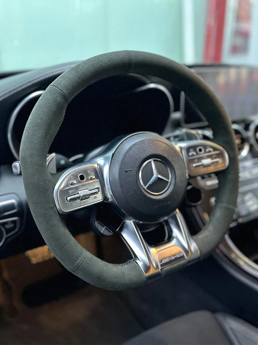 Mercedes-Benz custom steering wheel cover in dark gray Italian Alcantara with tonal stitching