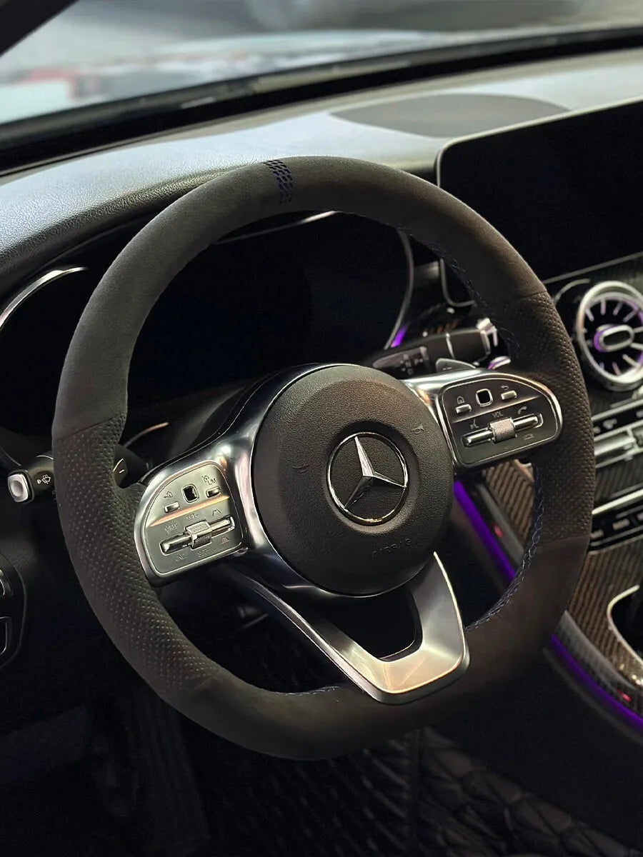 Mercedes-Benz custom steering wheel cover in black Italian Alcantara with a clean monochrome finish