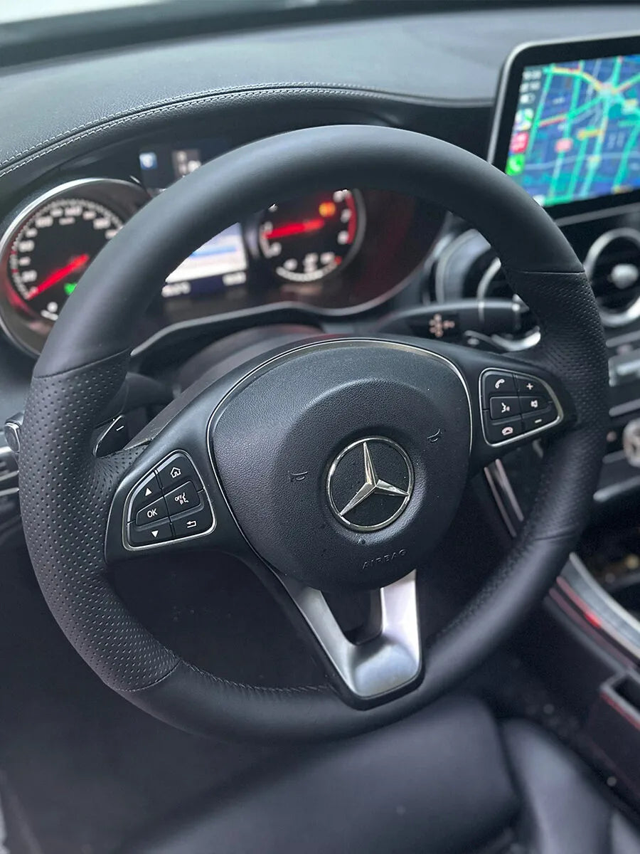 Mercedes-Benz custom steering wheel cover in black Nappa leather with perforated side grip sections