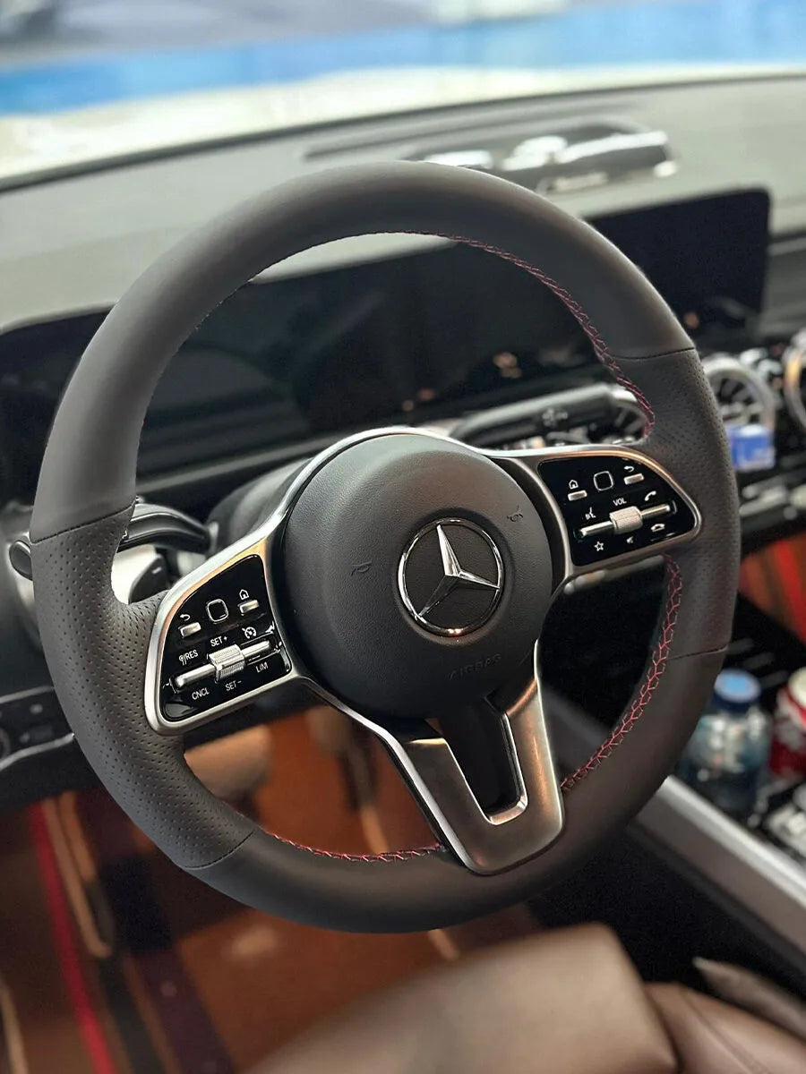 Mercedes-Benz custom steering wheel cover in smooth black Nappa leather with red contrast stitching