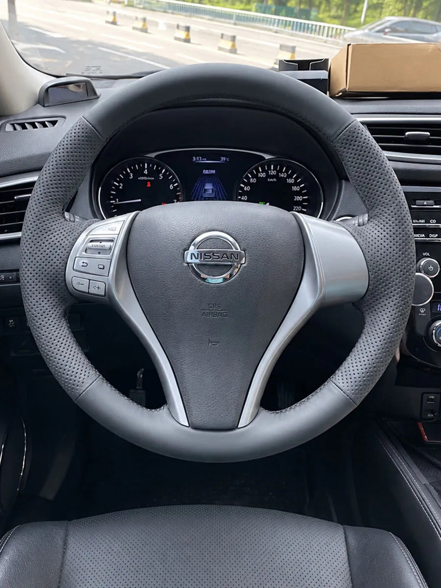 Nissan custom steering wheel cover in gray Nappa leather with fully perforated grip sections