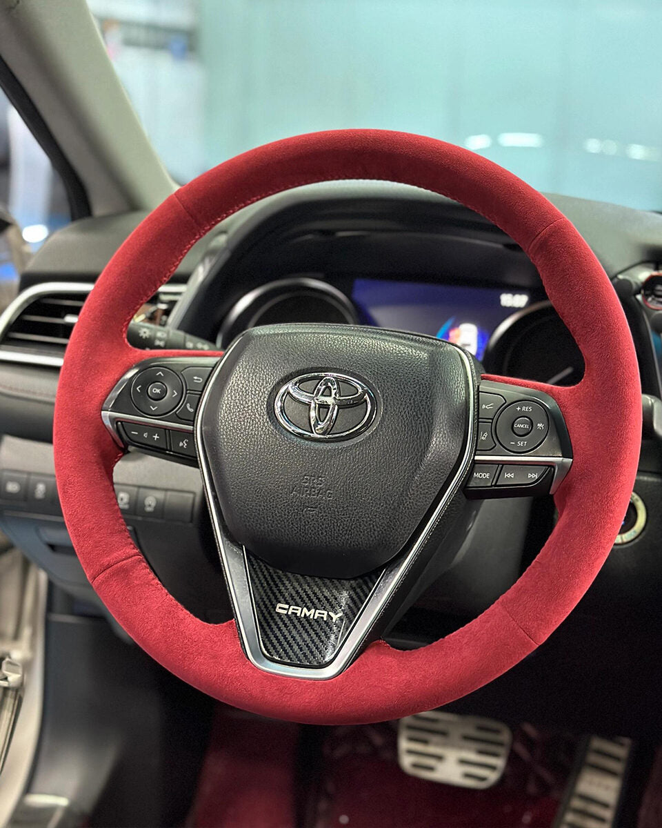 Toyota Camry steering wheel with a full red Italian Alcantara #4996 cover